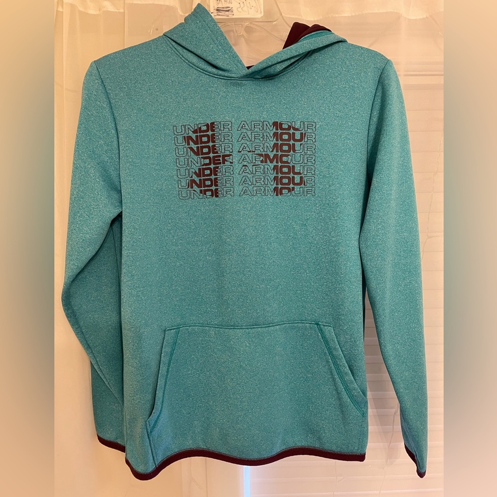 Under Armour cold gear sweatshirt in teal-blue color with purple ish red detail